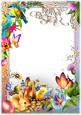 Photo frames. Easter photo frame with spring flowers, a rabbit and a basket