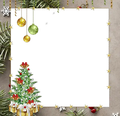 Photo frames. Gifts boxes under New Year tree