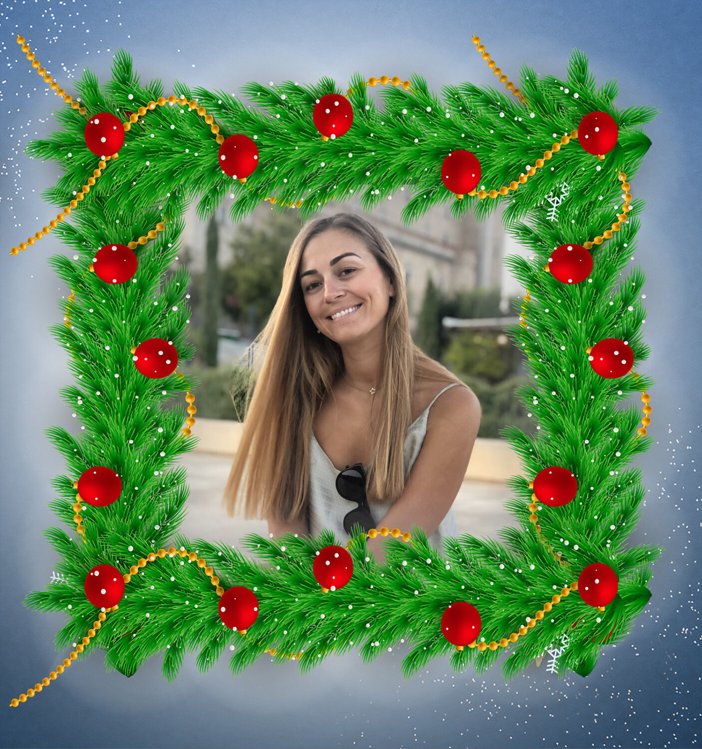 Photo frames. Christmas wreath above the blue background 60971336